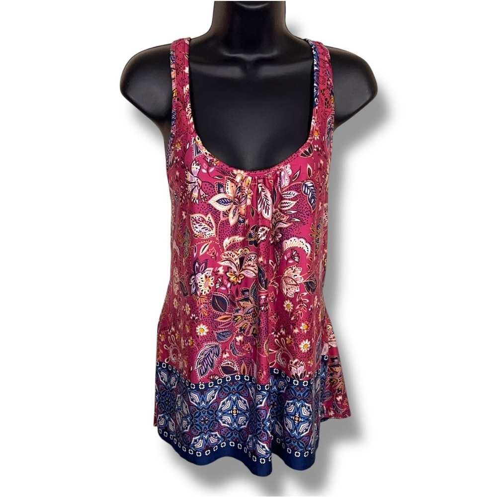 Large In Bloom Tank Top Pink Fuchsia Mauve Floral Boho Lace Accent Stretch
